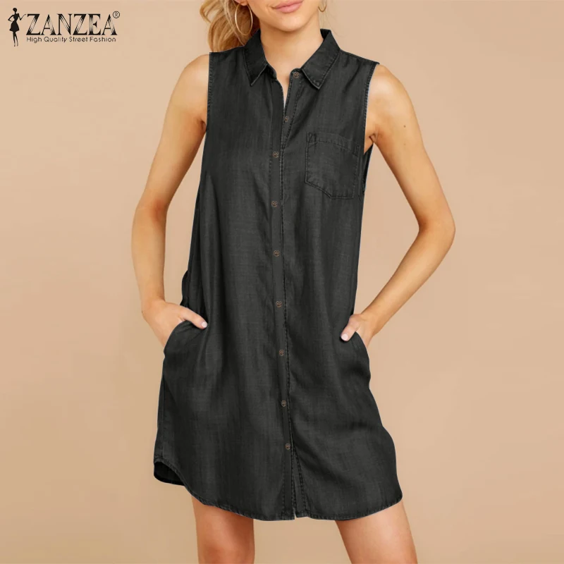 ZANZEA Women Stylish Sleeveless Mini Jeans Dress Vintage Demin Baggy Casual Sundress Buttons Vestidos Robe Plus Size | Женская одежда