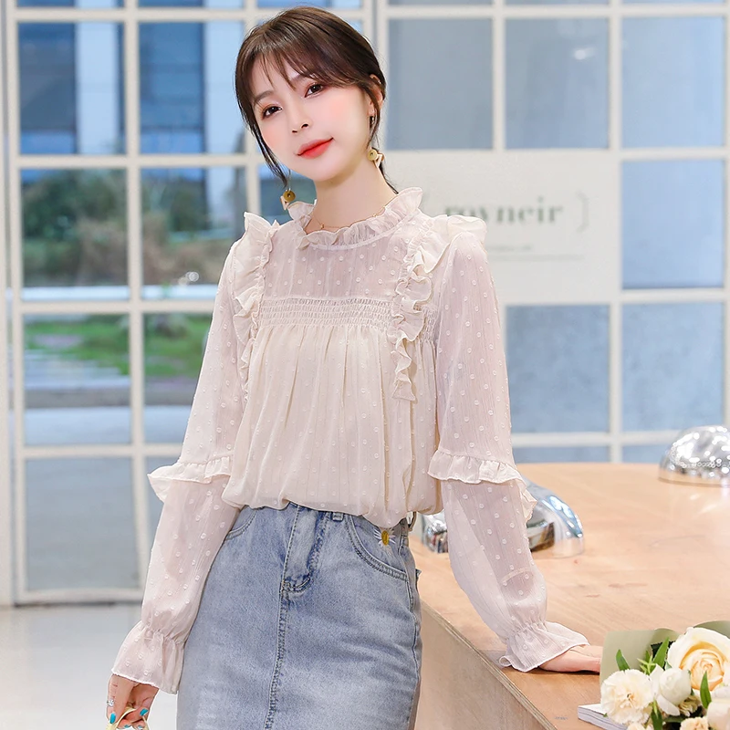 #2052 бежевая прозрачная блузка Женская пикантная Повседневная шифоновая с