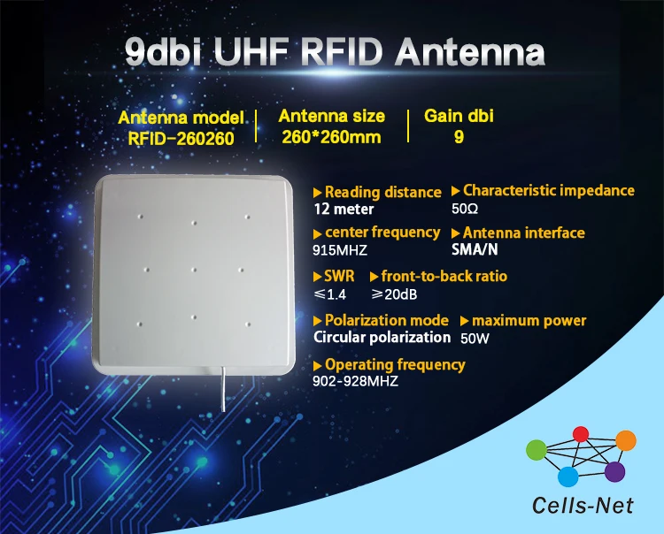 9dbi UHF RFID UHF RFID antenna 902-928mhz long distance circular polarization antenna 260 * 260mm