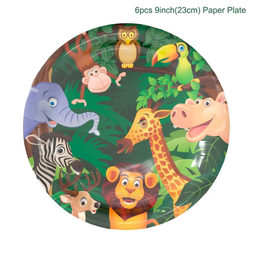 Paper Plate 6PCS HUIRAN сафари животные бумажный баннер с днем рождения Дети День Рождения Декор джунгли вечерние украшения зеленый слон Зебра - Цвет: Paper Plate 6PCS