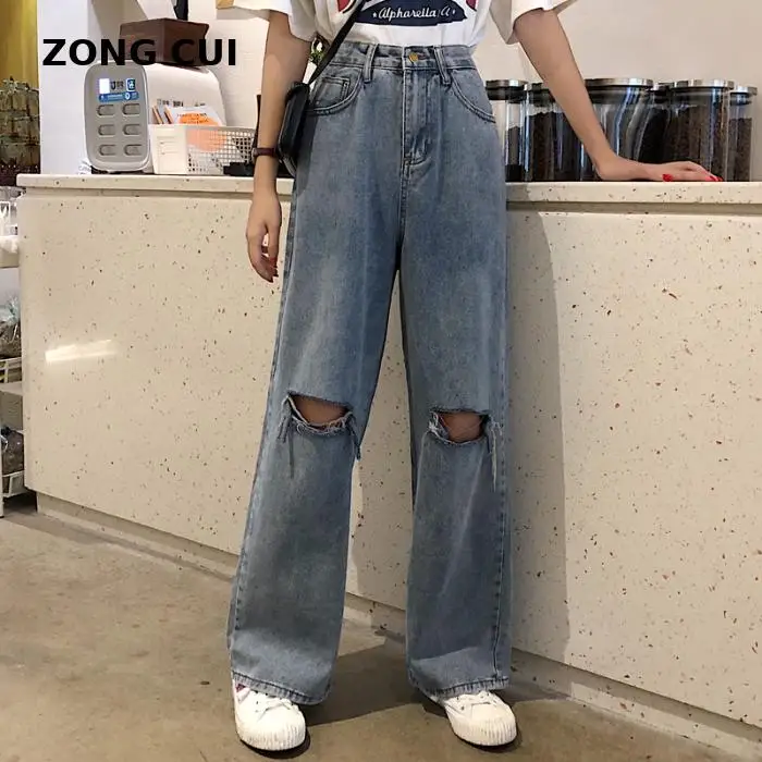 

Denim Wide Leg Pants Woman High Waist Hole Plus Size Boyfriend For Jeans Women Baggy Casual Loose Full Length Pants Trousers