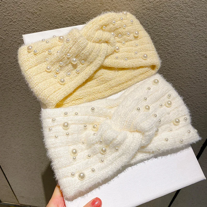 

Winter Pearl Knitted Headbands Turbans For Women Girls Wide Cross Twist Wool Hairbands Ear Warmers Ladies Hair Accessories