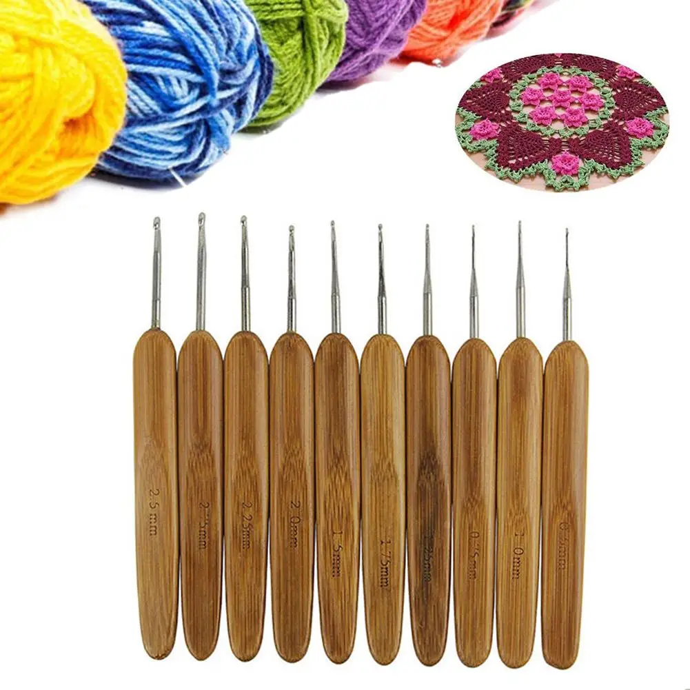 

10 Pcs/Set Bamboo Handle Metal Crochet Hooks Knitting Needles Craft Hand Tool DIY Hand Knitting Suppies
