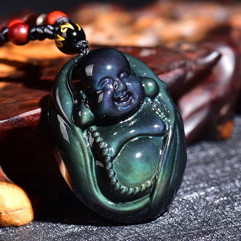 

1pc Natural rainbow obsidian eye carving Buddha pendant + Bead Chain crystals and stones healing