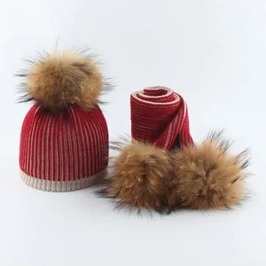 Детские шарфы с помпонами из натурального меха, комплект, костюм Khildren, вязаная шапочка, шапки для маленьких мальчиков и девочек, шапки, шарф, зимняя теплая шапка 2020
