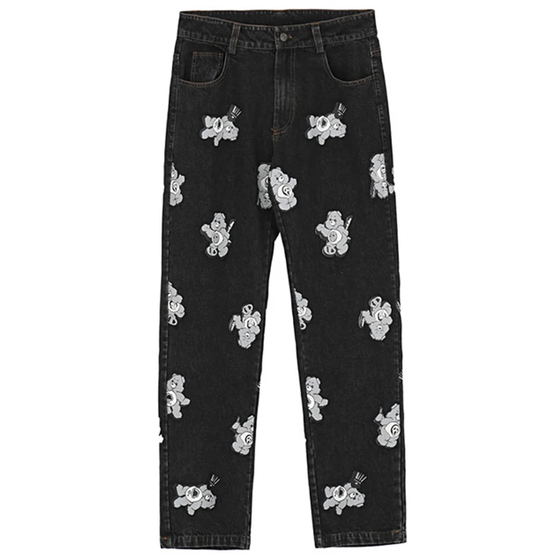 

Man Cartoon Bear Patch Print Blue Jeans Pants Vintage Loose Wide Leg Straight Pants 2021 Men Casual Male Denim Pants OverSize