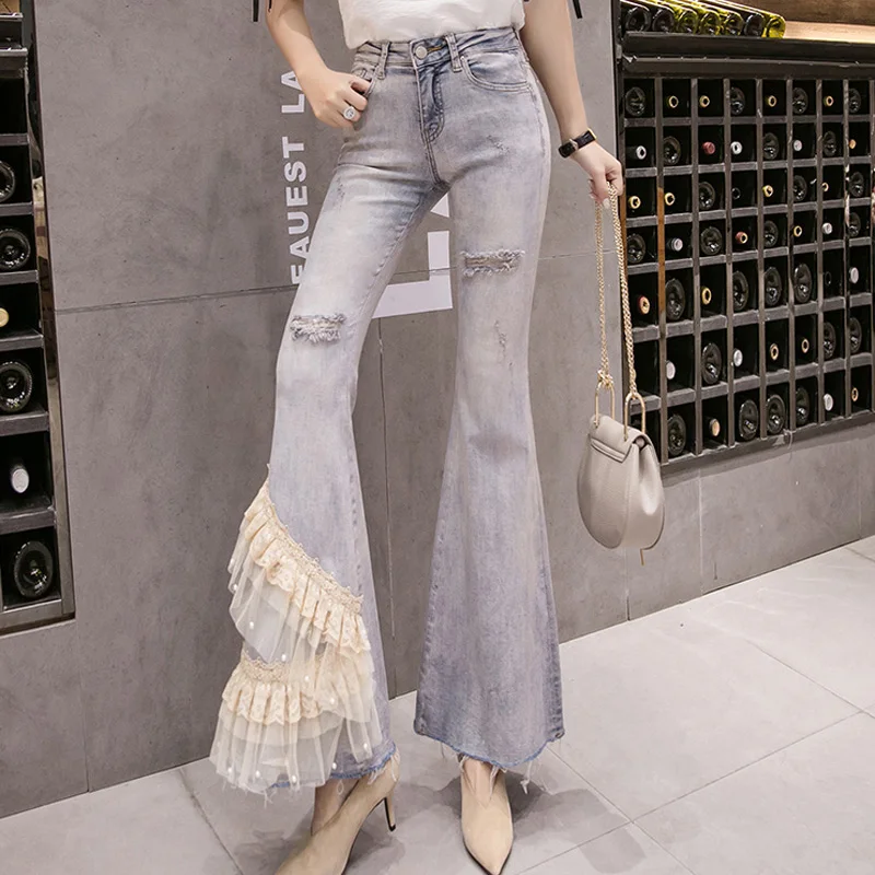 Женские джинсы с оборками и высокой талией расклешенные брюки из джинсовой ткани