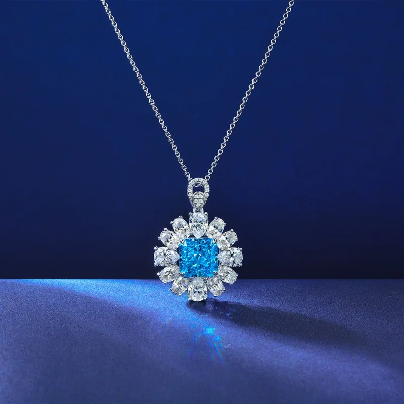 Luxury Pendants Necklaces For Women 925 Sterling Silver Blue Diamond Female Pendant  Jewelry Ladies 40cm Yellow Pendant Necklace