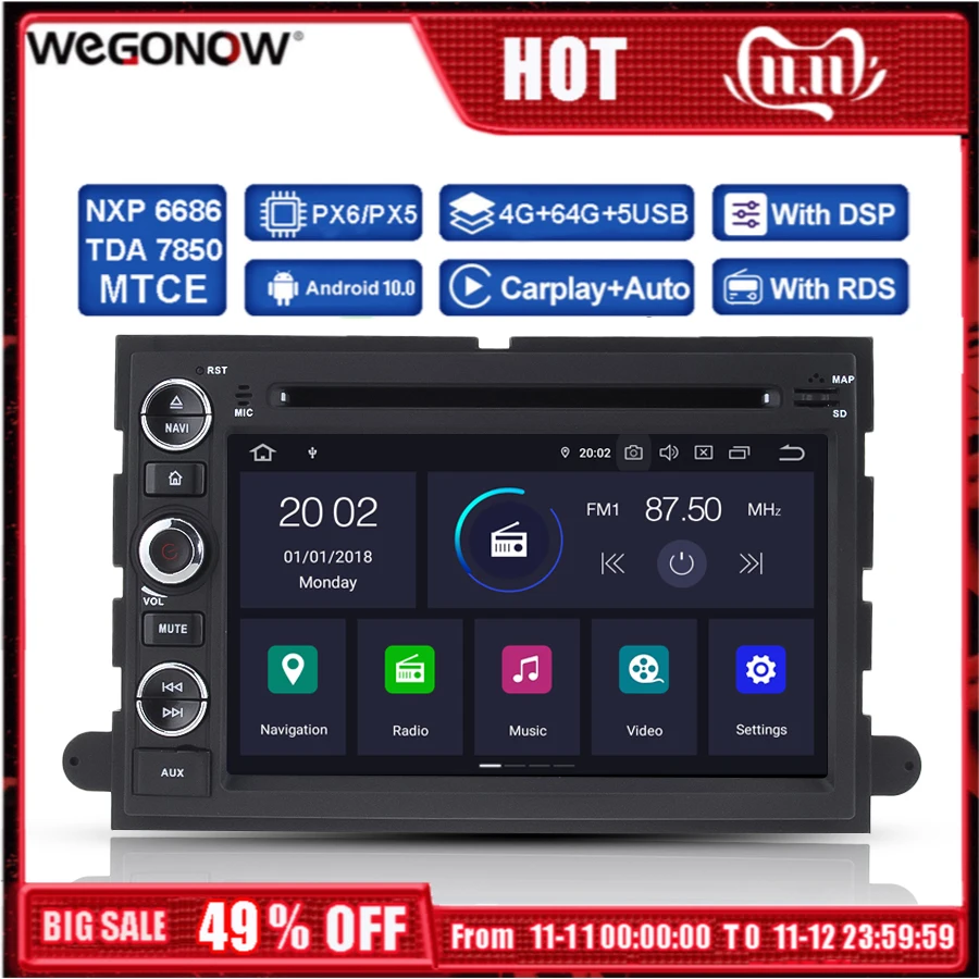 Автомобильный DVD-плеер DSP IPS PX6 Android 10 4 Гб ОЗУ 64 ПЗУ GPS-карта Wi-Fi радио Bluetooth 5 0 для Ford
