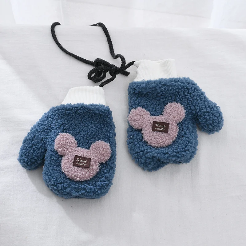 

disney kids gloves Grain fleece cartoon children gloves winter warm plush hanging neck Fashion Lovely Children's Winter Thick