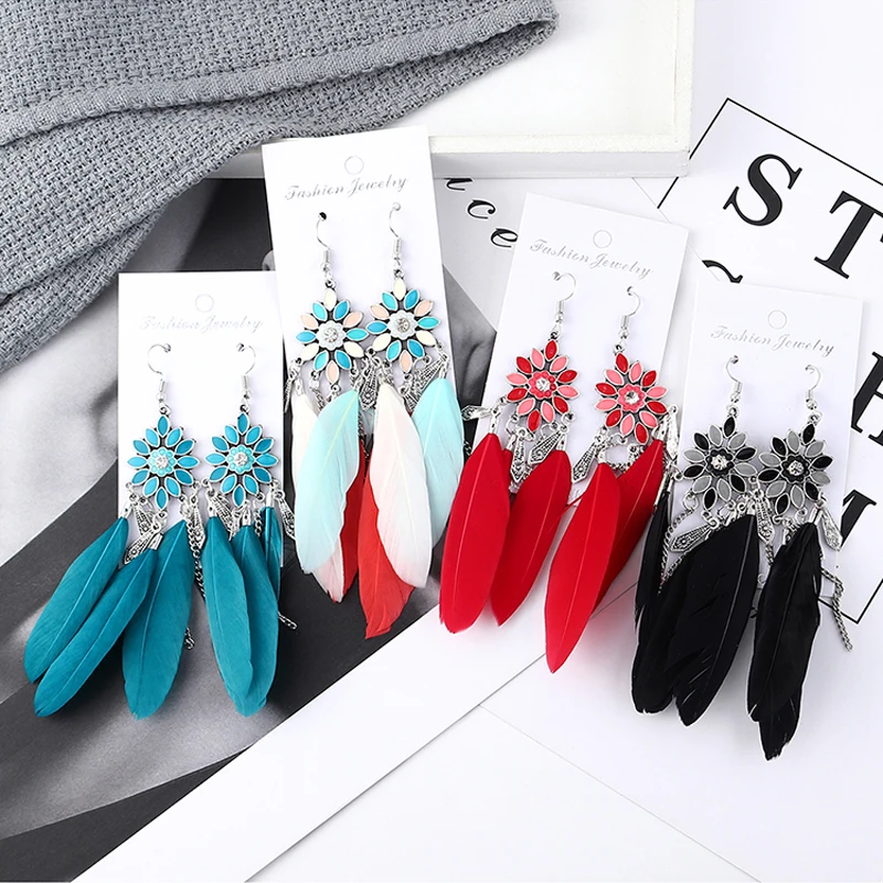 

2020 Long Tassel Fashion Feather Style Ethnic Boho Big Dangle Statement Earring Wedding Earrings