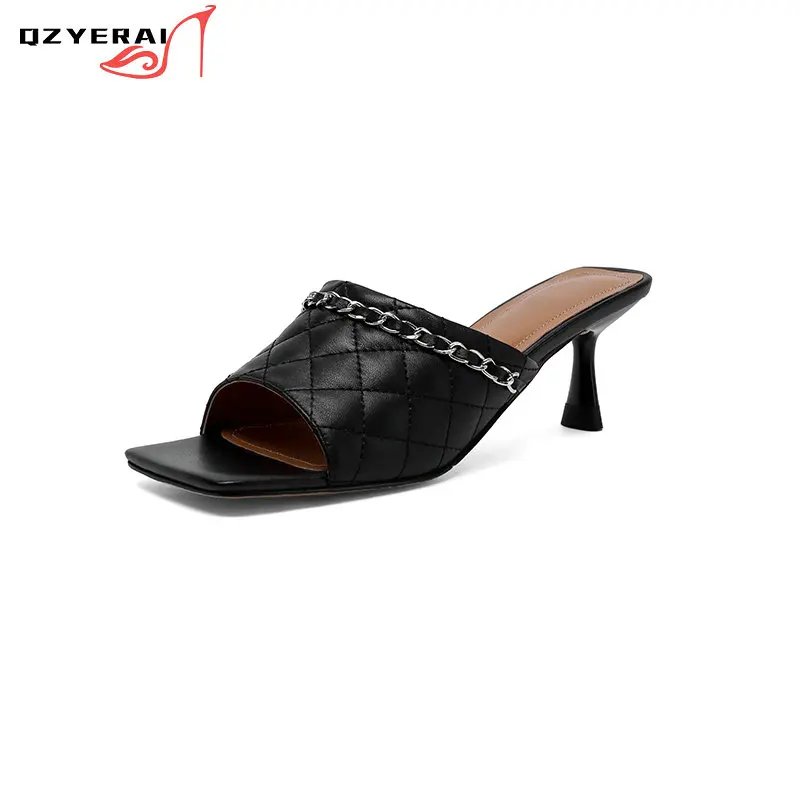 

2021 New Summer Women Slippers European Concise Fashion Genuine Leather High Heels Shoes Outdoor Party Slides Sandals