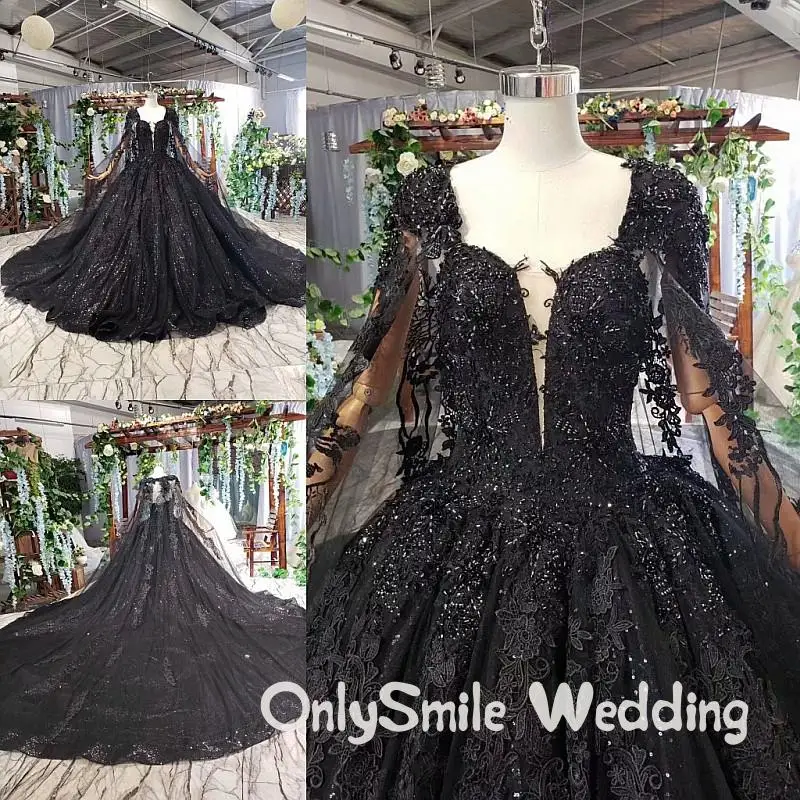 Женское свадебное платье черное элегантное с длинным рукавом и блестящими