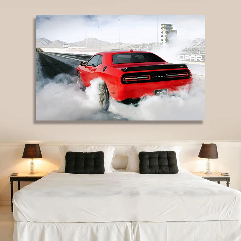 

Smoke Dodge Challenger SRT Hellcat Muscle Sports Car Poster HD Painting Canvas Living Room Office Home Decoration Painting Dodge