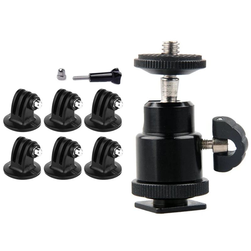 

Top 1x Mini Ball Head 1/4 inch Mount with Flash Shoe for DSLR SLR & 7x Tripod Mount Adapter for GoPro Hero 6, 5, 4