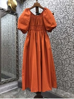 top quality new spring summer dress 2022 women sexy slash neck elastic waist short sleeve orange vintage print dress casual