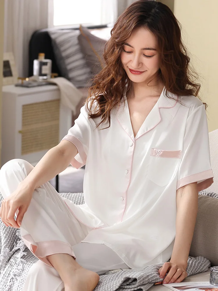 2022 Summer Ice Silk Women Pajamas Sets Short-sleeve 2 Pcs Pyjamas Suit Sleepwear Home Clothes for Lady White Short Pijama Mujer