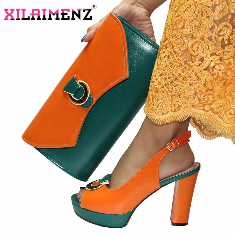 

Platform Super High Heels Nigerian Shoes and Bag High Quality Sandals Matching Bag in Orange with Green Color For Royal Party