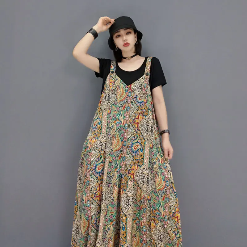 

XITAO Strap Print Pattern Jumpsuits European Station 2021 Summer New Fashion Western Style Loose Buttons Jumpsuits CLL1176