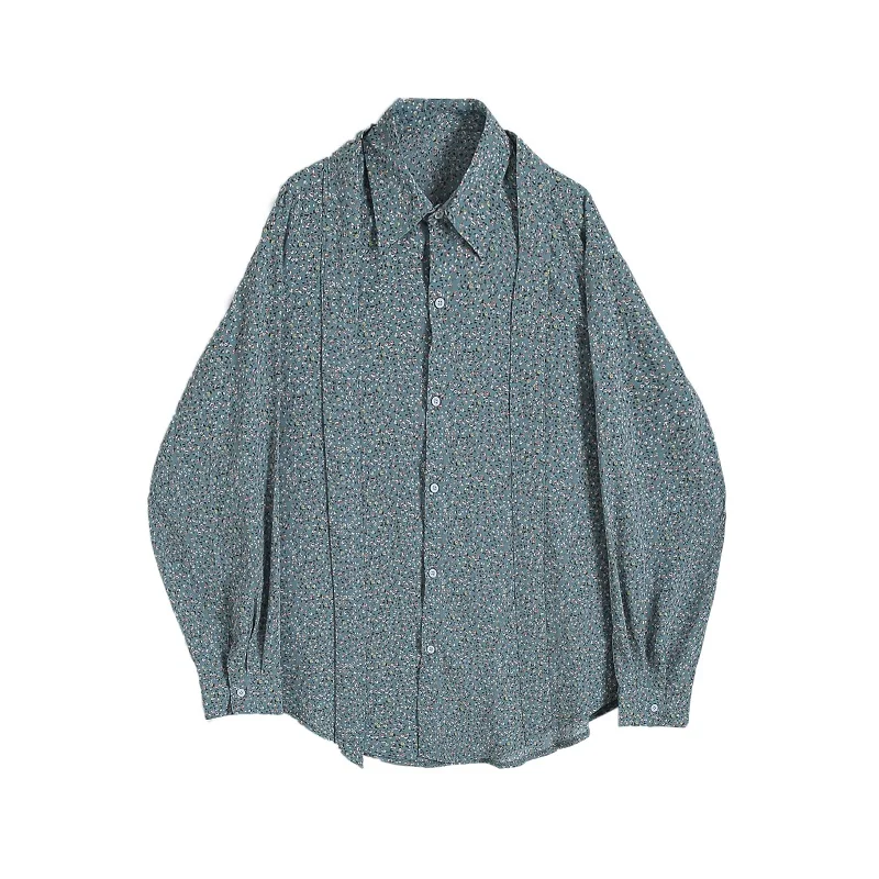 

Men Print Casual Long Sleeve Shirts Male Tie Streetwear Vintage Loose Fashion Show Dress Shirts