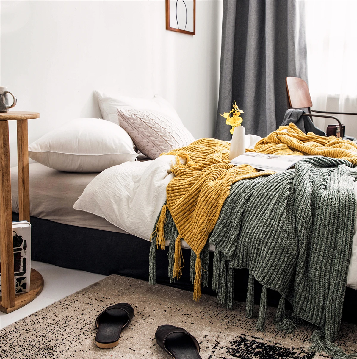 Inyahome Bedspread Bed Car Nordic Tassels Knitted Blankets Fashion Fringe Cozy Warm Elegant Causal Plaids Farmhouse Decorative
