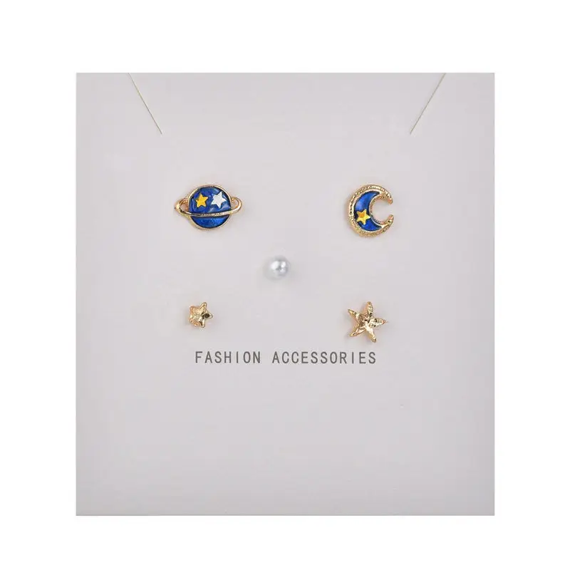 Модные милые синие хрустальные планета Луна Звезда мини серьги гвоздики набор