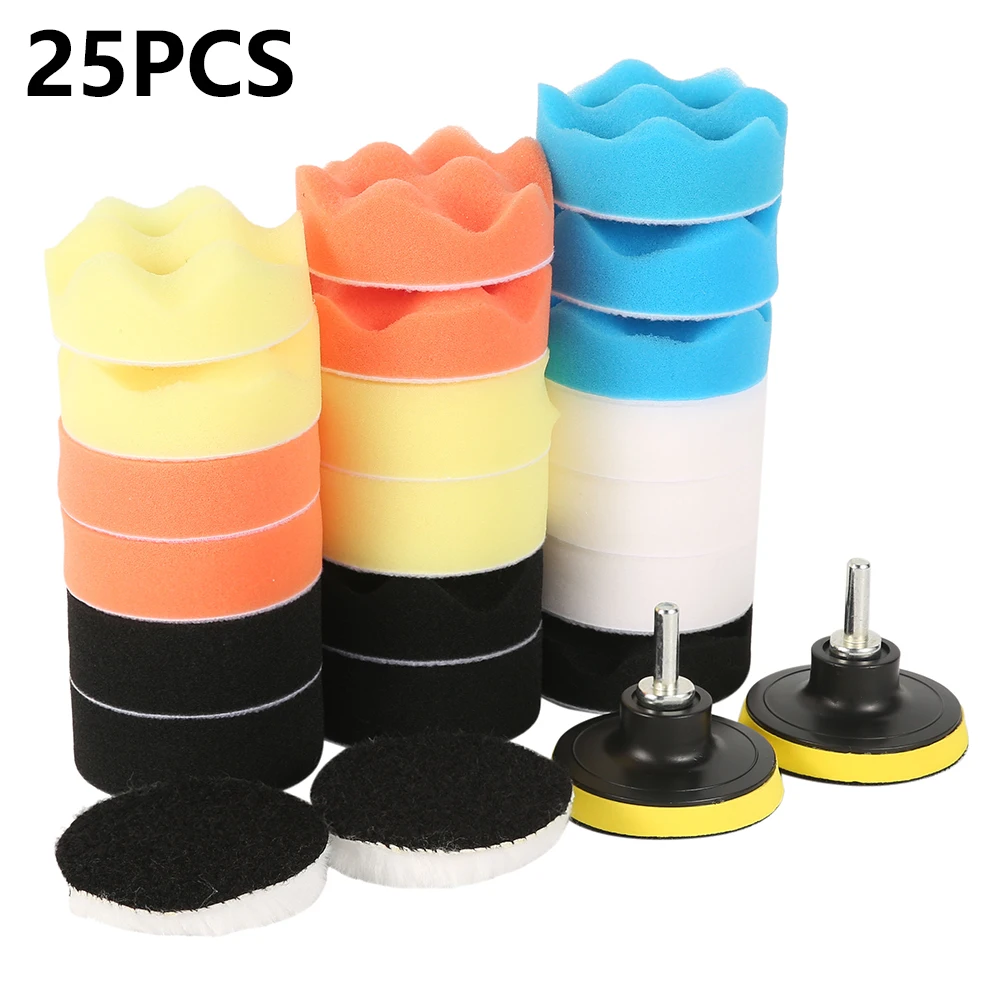 

3inch Car Polishing Disc 25Pcs/Set Self-Adhesive Buffing Waxing Sponge Wool Wheel Polishing Pad for Car Polisher Drill Adapter