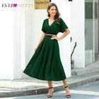 Темно-зеленые платья для встречи выпускников Ever Pretty, платья-миди трапециевидного силуэта с рюшами, V-образным вырезом, рукавами-оборками, выпускного вечера, EP00729DG, 2020