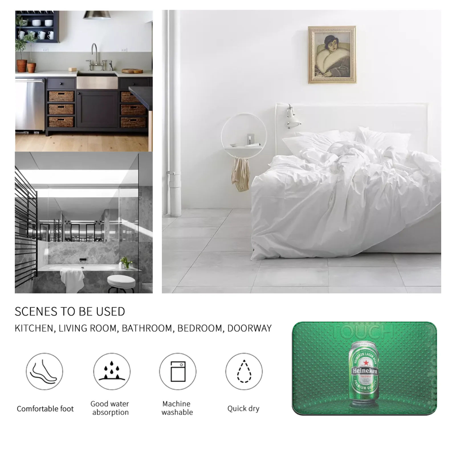 

3D Heineken Beer Printed Floor Mats, Door Corridor Kitchen Floor Mats, Matte Non-slip mats, Odorless and Durable_xldp08