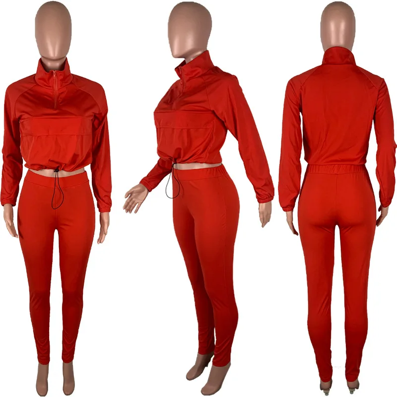 

Autumn Winter Sport Women's Set Crop Tops Jogger Pants Suits Tracksuit Matching Two Piece sets Fitness Outfit Clothes Pure color