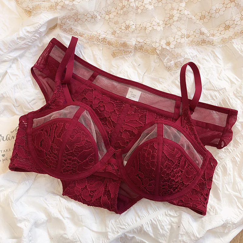 

Sexy half-cup large size lingerie with panties set see-through net gauze big breasts thin soft steel ring bra set women ABC cup