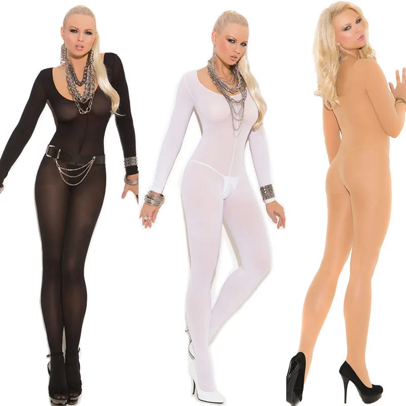 

Crotchless Sheer Bodystocking Full Body Pantyhose Ultra-thin Transparent Long-sleeve Open Crotch Strap Tights Lingerie Teddy