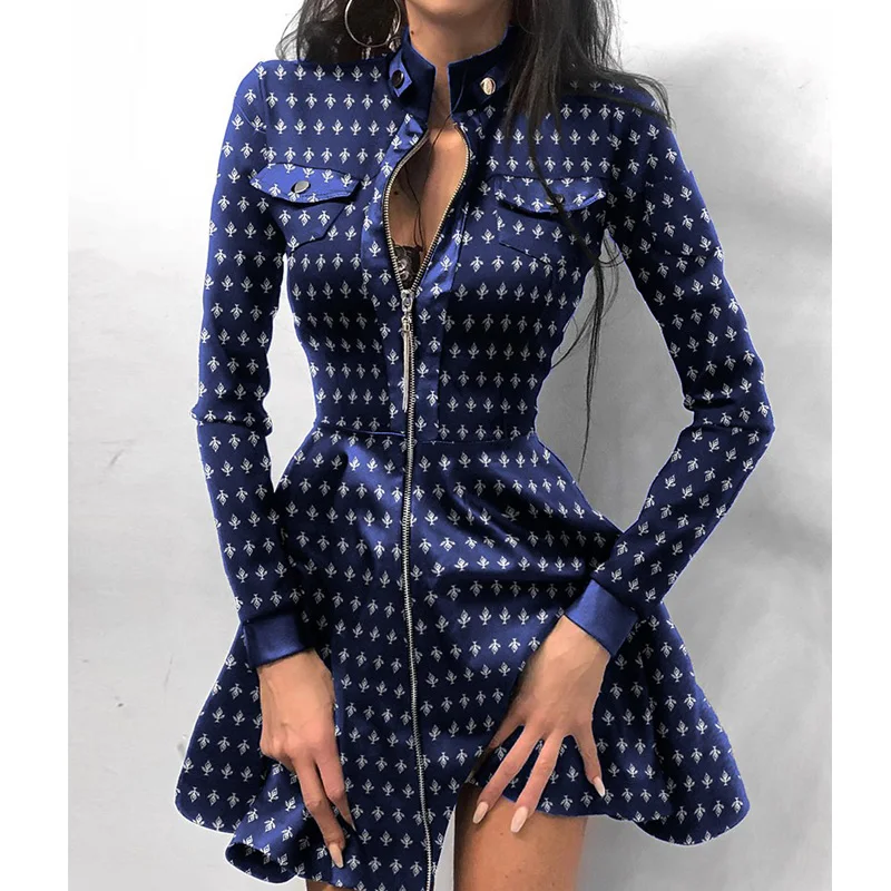 

Autumn Winter Women Long Sleeve Zipper Pockets PU Leather Patchwork A- Line Dress Stand Neck Button Mini Dresses