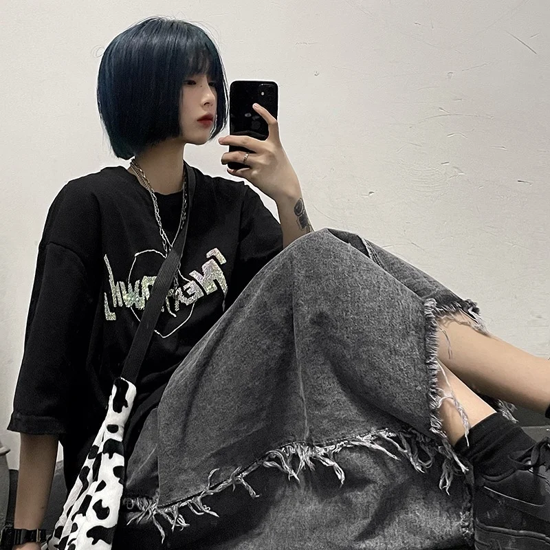 

Harajpoo Women Skirts Summer Korean INS Harajuku Style Super Fire Raw Edge Old Loose Thin Denim Elastic High Waist Casual Skirt