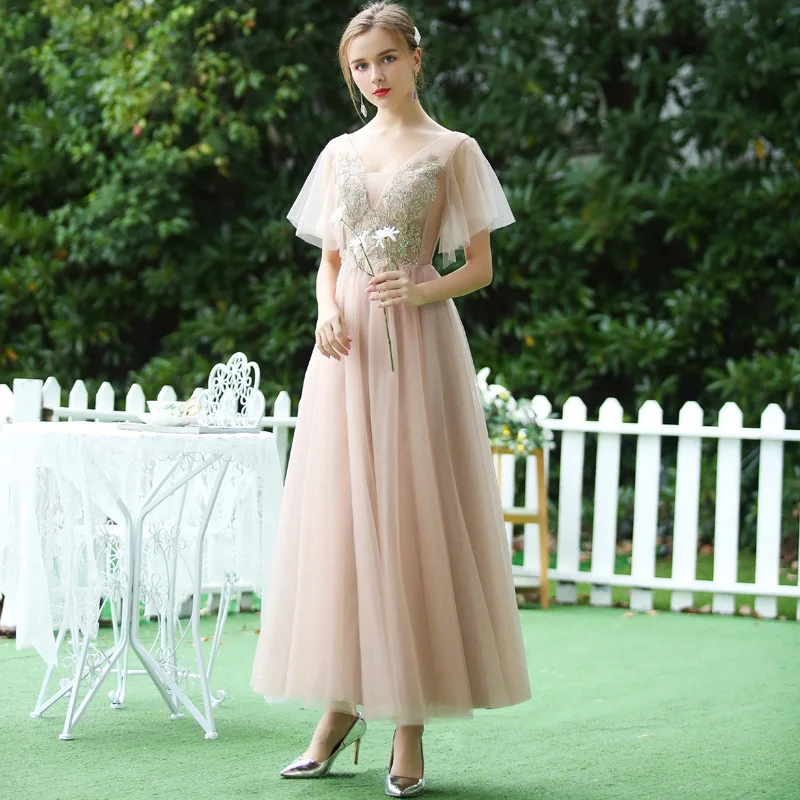 

Female Elegant Evening Party Dress Exquisite Appliques Sequins Temperament Banquet Gown Long Sweet Mesh Pleated Dresses