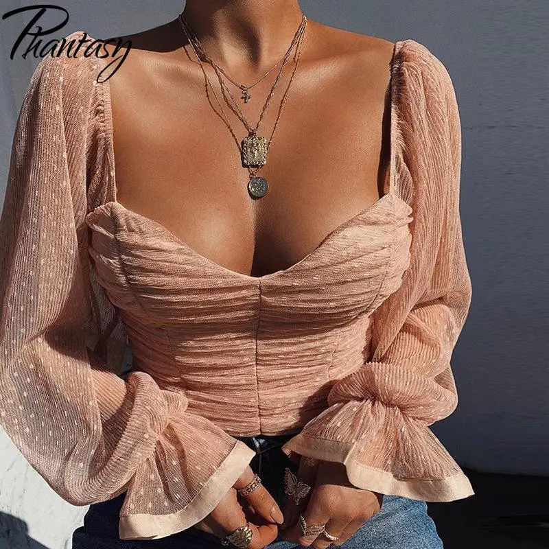

Phantasy Spring New Polka Dot Chiffon Shirt Sexy Wrapped Chest Navel Short Tops Fashion Square Neck Trumpet Sleeve Slim Shirt