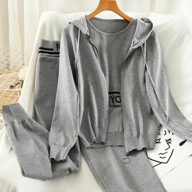 

LY VAREY LIN New Spring Autumn Women Casual Tank Vest + Loose Zipper Hooded Coat + Nitted Harem Pants Three-piece Set