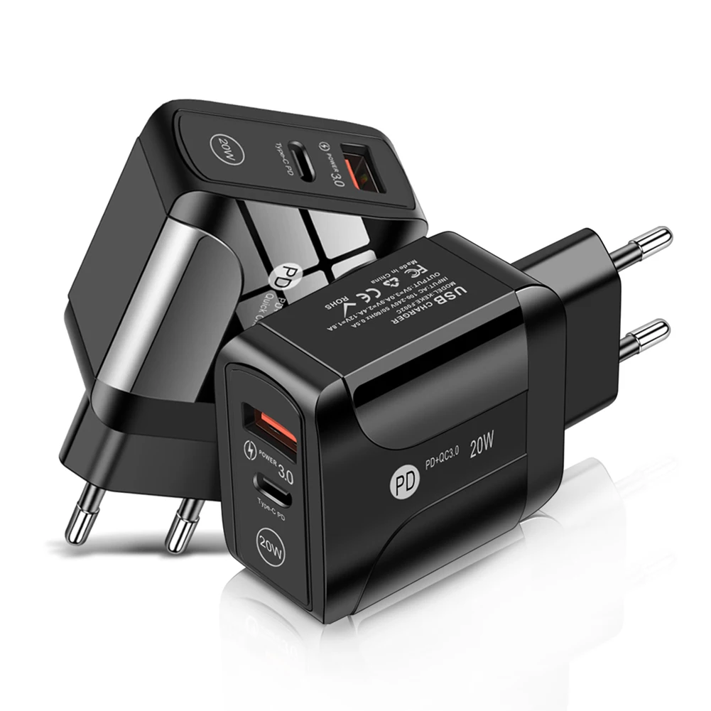 Двойной USB Зарядное устройство 20 Вт QC 3 0 PD стенового путешествия Тип C мобильного