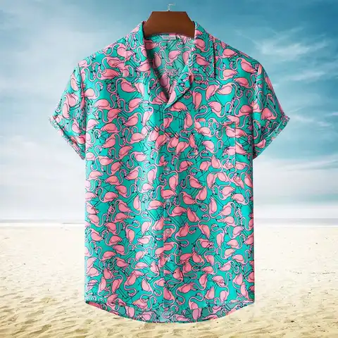 Стильный Фламинго принт Гавайская гавайская рубашка для мужчин 2021 новые летние с коротким рукавом пляжные шорты мужские праздничные вечер...