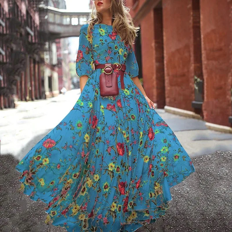 

Printed Belt Dress Round Neck Nine-quarter Sleeves Mid-waist Printed Lantern Sleeves Sweet Wind Slim Elegant Casual Style Spring