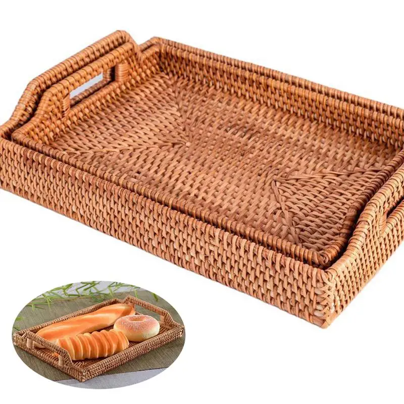 

Woven Rectangular Storage Basket Handmade Rattan Food Tray Fruit Basket With Handle For Breakfast Drink Snack Severing Plate Set