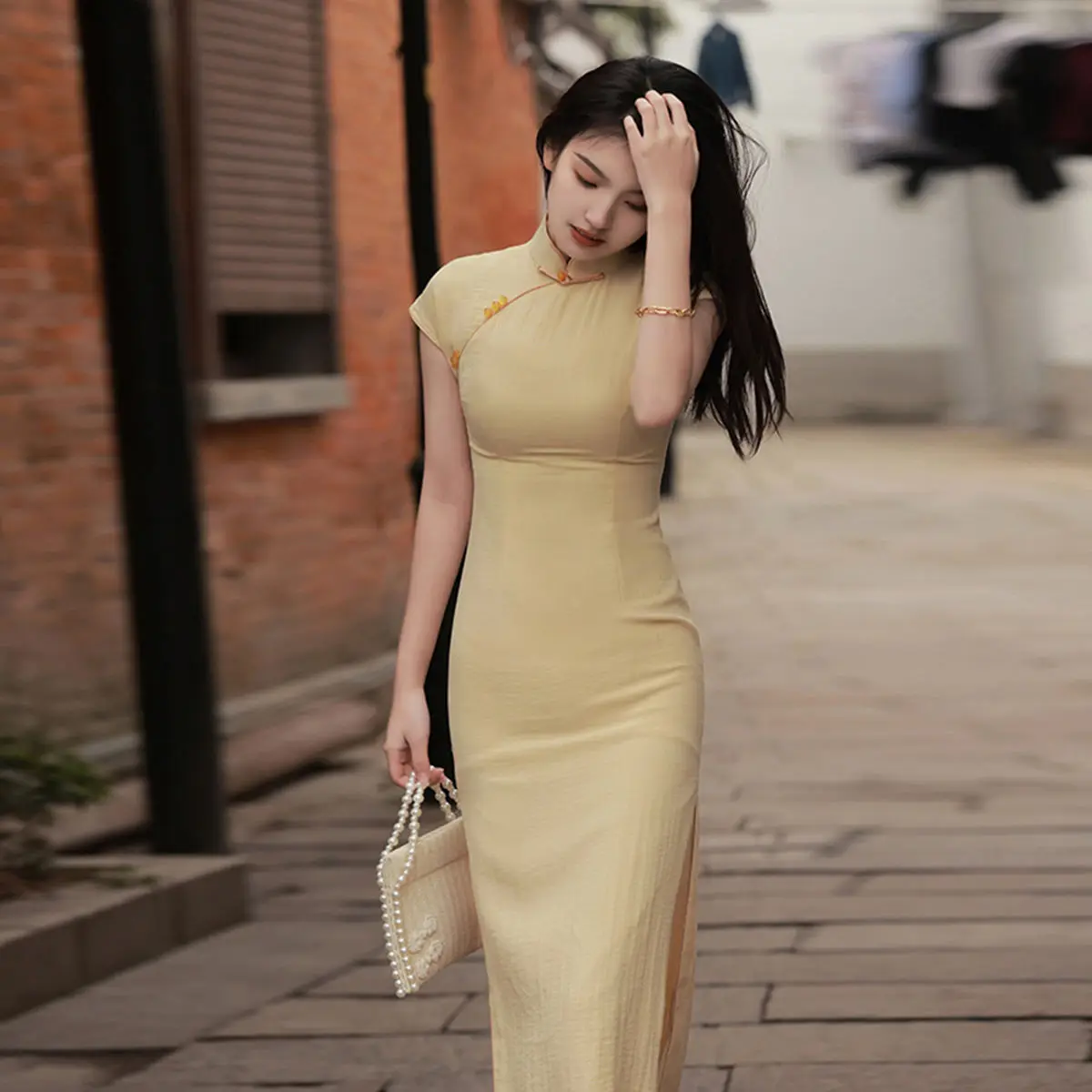 

Retro Qipao Chinese Dress Modern Elegant Women Traditional Cheongsams Improved Yellow Orientale Summer Vintage Vestido Dress