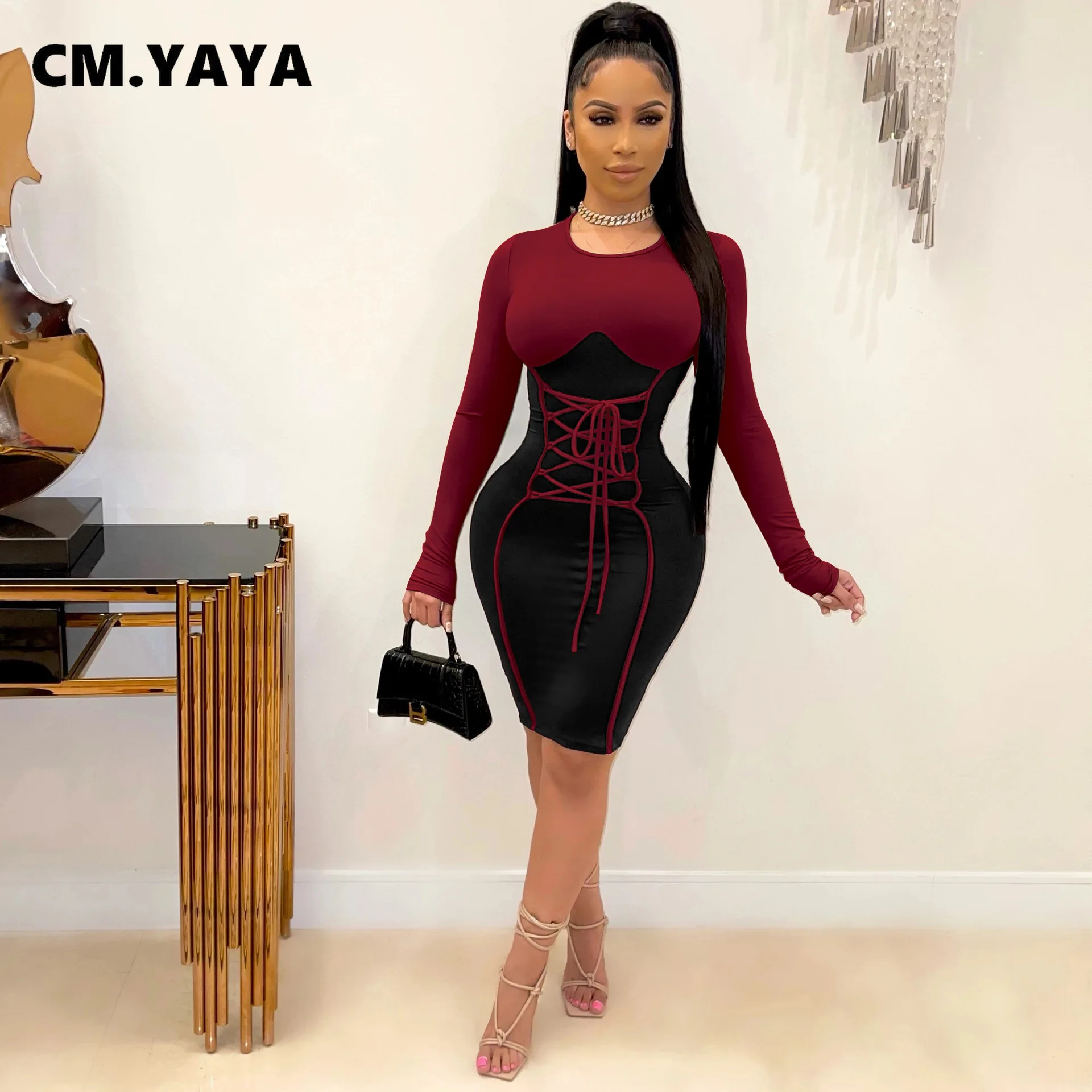Женская туника со шнуровкой CM.YAYA с длинным рукавом и высокой талией лоскутное