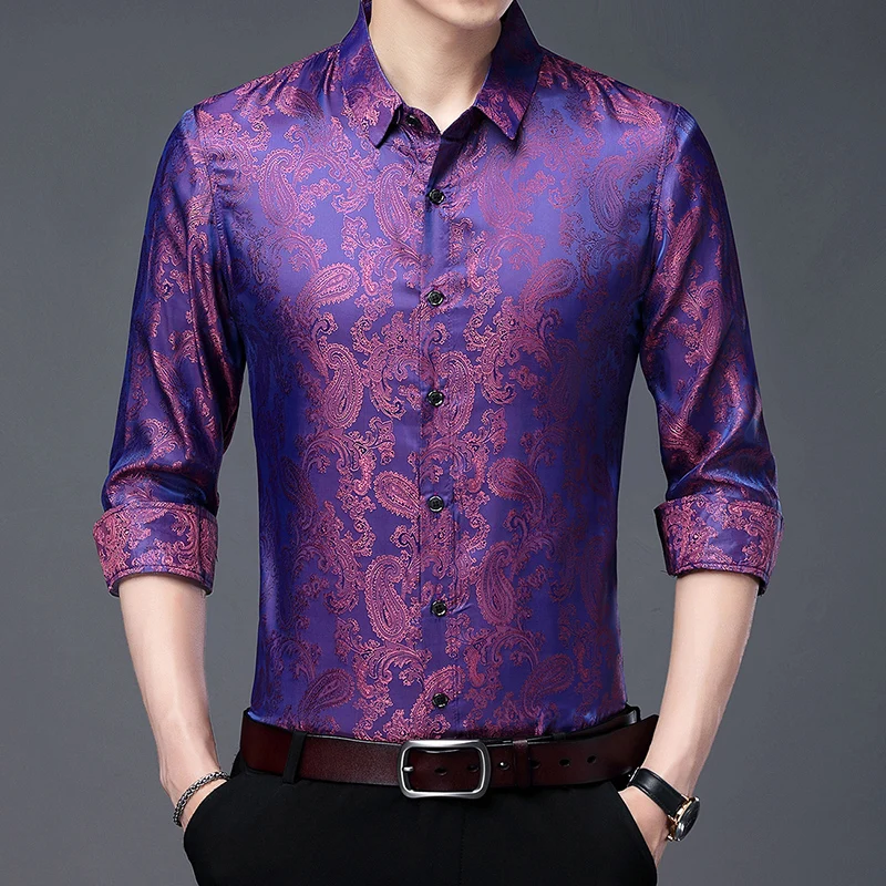 Фиолетовая мужская одежда с длинными рукавами элегантная шелковая блузка в