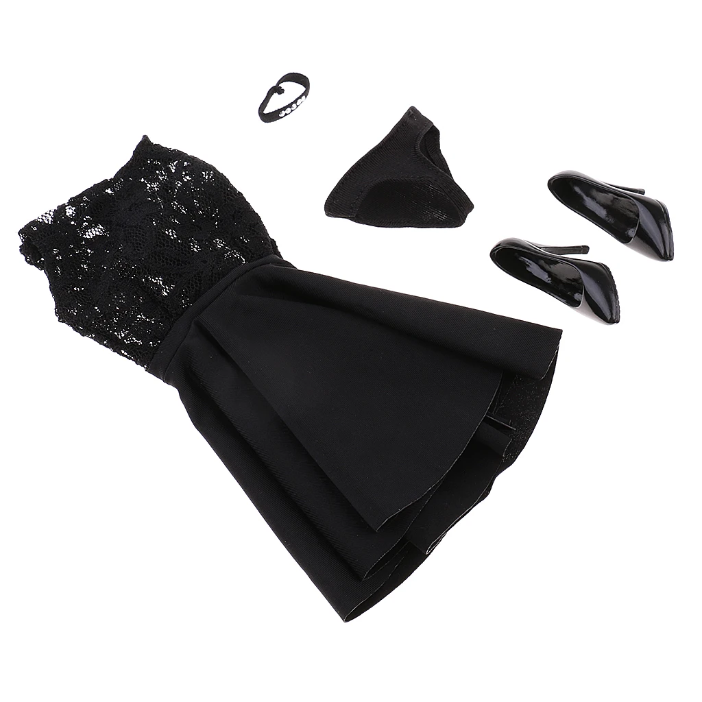 

1/6 Female Body Black Lace Dress+Briefs+High Heel Set for 12'' Figure