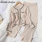 Женский трикотажный Костюм-двойка SHIJIA, элегантный свитер на пуговицах и брюки с высокой талией в деловом стиле абрикосового цвета на осень-зиму