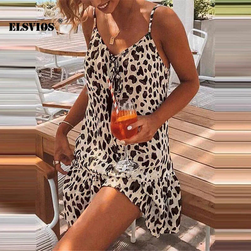 

2021 Summer Women Fashion V Neck Sling Leopard Print A-line Dress Casual Sleeveless Holiday Beach Sexy Elegant Pullover Dresses