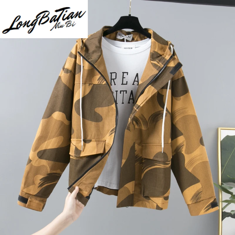 

Harajuku Camouflage Hooded Bomber Jacket Women Short Windbreaker Korean Big size Loose Casual Long sleeve Ladies Coat Streetwear