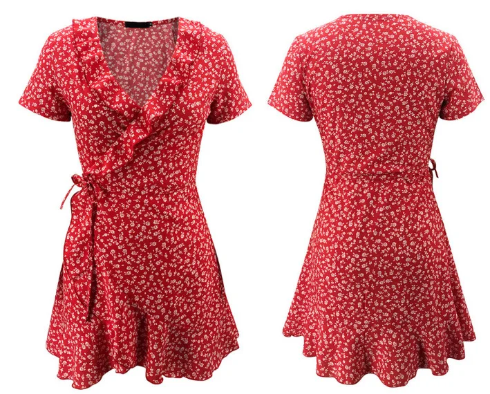 

Summer Womens Floal A-Line Dress Sweet Elegant Floral Ruffles V-neck Bandage Short Dress for Lady Chic Flowers Mini Dress