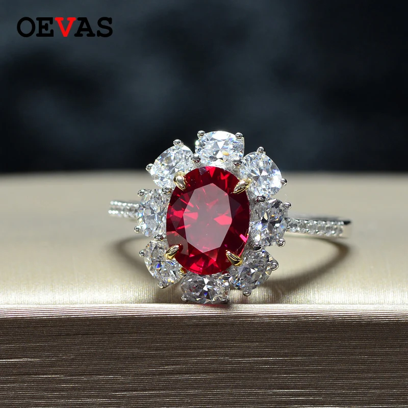 

OEVAS 9*7mm 5A Oval Red Zircon 100% 925 Sterling Silver Wedding Rings For Women High Quality Sparkling Engagement Fine Jewelry